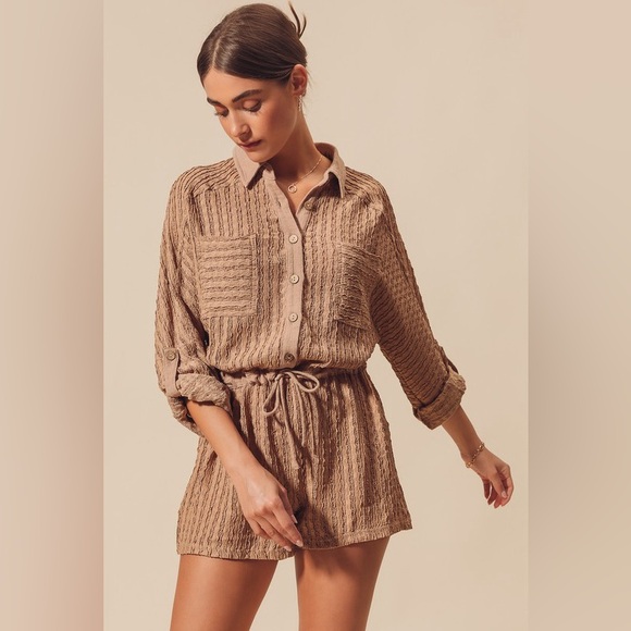 White ivory textured lace crochet knit button drawstring boho bohemian romper … - Picture 9 of 9